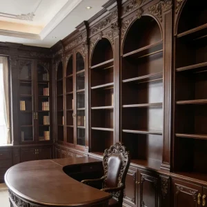 Custom Full Wall Bookshelves in Vintage Dark Walnut High End Feature Cabinets for Villas Solid Wood Carved Storage Cabinets