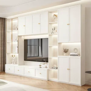 Custom Full Wall TV Unit White Media Console Living Room Entertainment Cabinet With Open Shelves Drawers