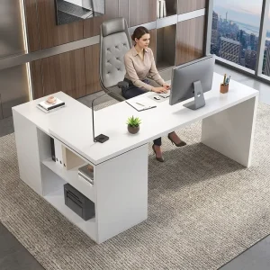 Custom Furniture Factory White Finishing L Shaped Computer Desk Table With Bookshelf Drawers Storage