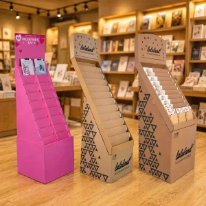 Custom Greeting Card Gift Card Stand Magazine Book Corrugated Cardboard Floor Display Rack with Glossy Lamination Easy Assembly