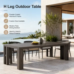 Custom H Leg Aluminum Frame Outdoor Dining Table FLD2038 Patio Garden Long Table for Hotel Resort Restaurant Project