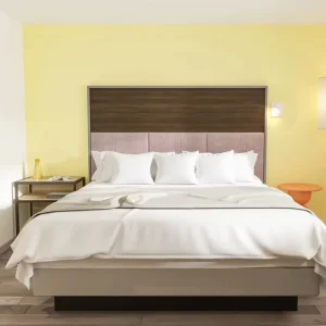 Custom Hotel Room Furniture Set Modern Wooden Bed Frame Wardrobe Nightstand and Vanity for Luxury Hotels