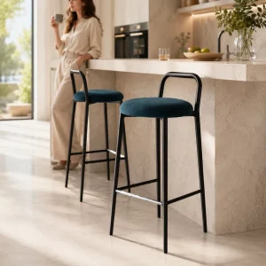 Custom Industrial Style Brown Leather 65cm Fixed Height with Sturdy Black Steel Frame and Footrest Bar Stool
