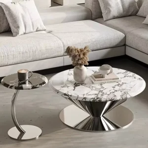 Custom Italian Light Luxury Marble Coffee Table Bespoke Stainless Steel Base for Luxury Villa
