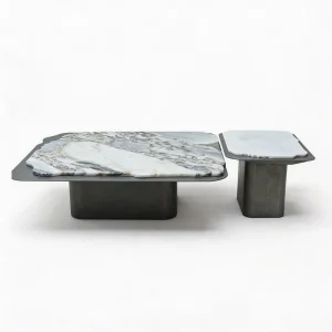 Custom Italian Minimalist Natural Marble and Carbon Steel Convertible Coffee Tables