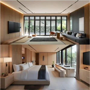 Custom Japanese Wabi Sabi Style Hotel Guest Room Interior Wood Paneling Whole House Fixed Furniture With Bathroom Vanity Cabinet