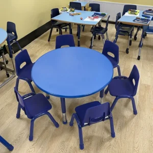 Custom Kindergarten Furniture Fireproof Plastic Metal Round Desk with 6 Chairs Kindergarten Modern Desks and Chairs Set for Kids
