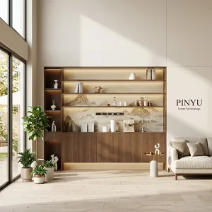 Custom Layout Zen Wood Sideboard Wardrobe Closet Boutique Hotel Living Room LED Strip Wall Storage Cabinet