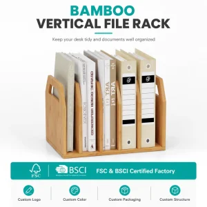 Custom Logo Color Structure Vertical Multi Slot Bamboo Desktop Magazine Storage Holder Bamboo Vertical File Rack