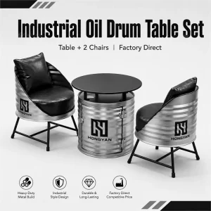 Custom Logo Modern Durable Oil Drum Table Set with Chairs Industrial Iron Furniture for Hotel Mall Cafe Bar Use