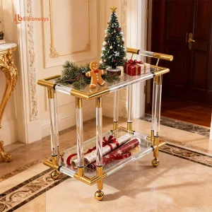 Custom Luxury Acrylic 2 Tier Hotel Trolley Stainless Steel Party Wedding Trolley Acrylic Mobile Food Cart for Kitchen Furniture