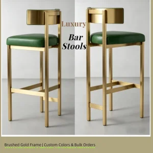 Custom Luxury Bar Stool Brushed Gold Metal Frame Green Faux Leather Counter Stool for Bar Pub Kitchen Island Cafe Restaurant