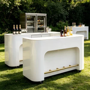 Custom Luxury High gloss White Finish Stainless Steel Wedding Party Events Bar Counter with Gold Metal Footrest
