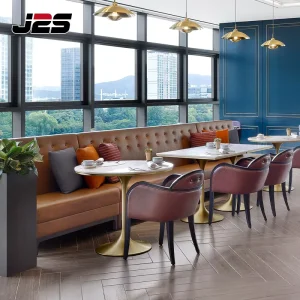 Custom Luxury Modern Hotel Project Commercial Restaurant Furniture Gold Round Table and Leather Chair Booth Seating Set