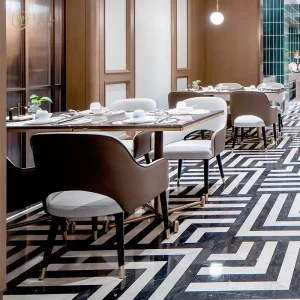 Custom Luxury Modern Hotel Restaurant Furniture Golden Leg Velvet Chair Sofa Booths Seating Marble Pattern Tables Sets Project