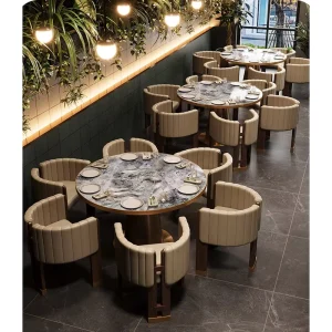 Custom Luxury Modern Western Restaurant Rectangular Dining Table Chair Set with Stone Top Steel Frame Hotel Milk Tea Coffee Shop