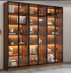 Custom Luxury Walnut Glass Display Cabinet Modern Home Library Bookcase with LED Lighting Storage Furniture Solution