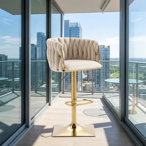 Custom Luxury Woven Velvet Bar Stool 360 Swivel Height Adjustable Gold Metal Bar Chair for Villa Apartment Hotel Bar Chairs