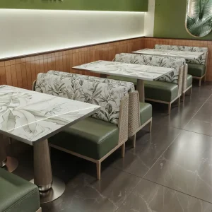 Custom Made Forest Themed Restaurant Booth Sofas Tables Solid Wood Rattan Frames Marble Table Tops for Hot Pot Tea Dining Rooms