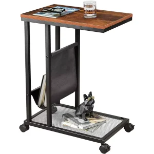 Custom Made Multi Purpose Swivel Book Rack Black C Type Side Table With Wheel