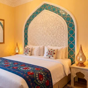 Custom Made Silk Road Hotel Furniture Hotel Bedroom Furniture with Exotic Samarkand Turquoise Blue Tile Aesthetic