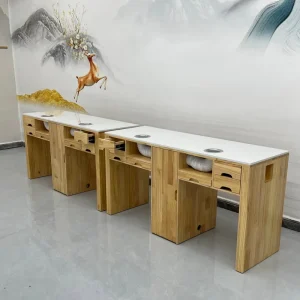 Custom Medieval MDF Nail Art Desk Spacious Storage Shelves Complete Set Elegant Manicure Table for Salon Spa Beauty Studio