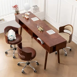 Custom Medieval Style MDF Nail Art Desk Spacious Storage Shelves Elegant Manicure Table for Salon Spa Beauty Studio Reception