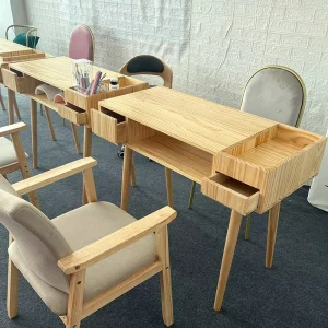 Custom Medieval Style MDF Nail Art Desk with Spacious Storage Shelves and Manicure Table for Salon Spa Beauty Studio Reception