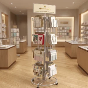 Custom Metal Wire Greeting Card Display Rack Floor Standing Rotating Postcard & Magazine Spinner Stand with Wheels