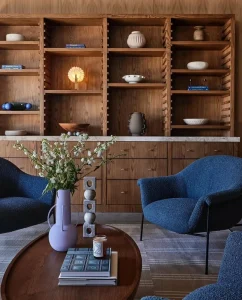 Custom Mid Century Modern Solid Wood Built in Bookcase with Open Shelves for Hospitality