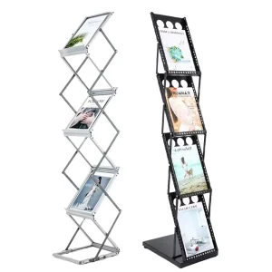 Custom Modern Black Silver Chromed Iron Aluminum Alloy A4 Folding Display Rack Magazine Poster Stand Book Shelf