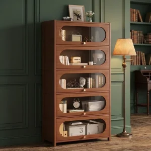 Custom Modern Built in Storage Cabinet with Glass Display Shelves LED Light Dustproof with Doors for Living Room Entryway