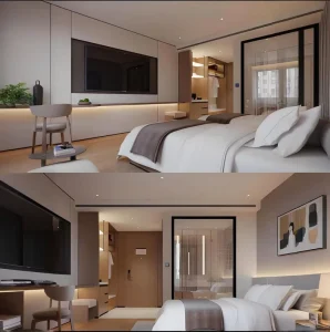 Custom Modern Business Hotel Guest Room Fixed Furniture Package Wood Veneer Wall Panel Wardrobe for Hotel Renovation Project