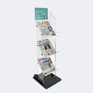 Custom Modern Floor Acrylic Newspaper Magazine Display Stand 3 Shelves Freestanding Design SGS Certified Easy Assembly