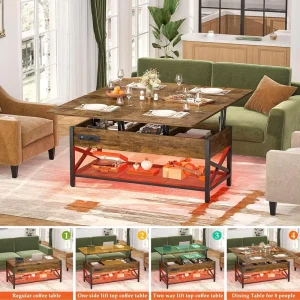 Custom Modern Living Room Table Multi-Function LED Light Wood Lift Top Center Coffee Table with Storage