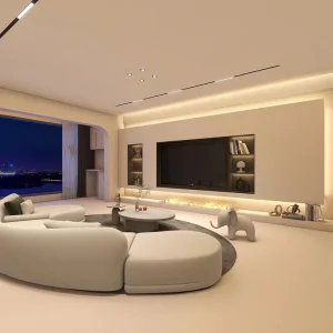 Custom Modern Media Wall with Built in TV Cabinet LED Lighting and Large Storage for Luxury Living Room Furniture