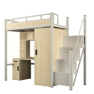 Custom Modern Metal Wood Grain Bunk Bed Frame Set with Under Desk Bookshelf Storage Cabinet for Bedroom School Dormitory