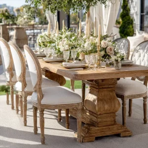 Custom Modern Restaurant & Hotel Outdoor Dining Rental Furniture Wooden Dining Table Set with 10 Chairs Durable & Easy Clean
