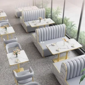 Custom Modern Restaurant Leather Booth Seat Set Marble Pattern Gold Dining Table and Chairs for Cafe and Hotel