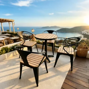Custom Modern Villa Hotel Stackable Metal Frame Wooden Texture Outdoor Bar Table Chair Sets