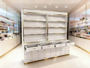 Custom Modern Wood Nail Salon Furniture Polish Display Rack Cabinet and Table Set with Drawers