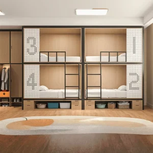 Custom Modular Modern Dormitory Bunk Bed 4-Person Steel Loft Bed with Storage Privacy Partition for Hotel Bedroom Use