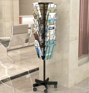 Custom Movable Supermarket Metal Rotating Floor Standing Magazine Newspaper Literature Books Brochure Display Racks With Wheels