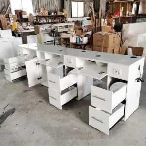 Custom Nail Salon Furniture Set Beauty Manicure Table Triple Seaters with Nail Dryer Solid Wood Nail Desk White