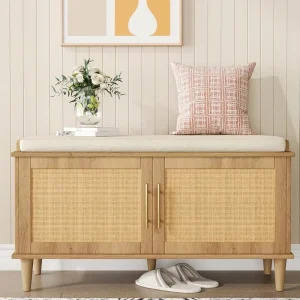 Custom Natural Wood Style Rattan Woven Shoe Storage Bench With Cabinet for Home Entrance Door Hallway Entryway Panel Furniture