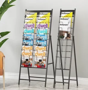 Custom No Assembly Foldable Metal Floor Magazine Rack Newspaper Brochure Literature Display Rack for Hotel Office Exhibition