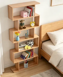 Custom Nordic Style Modern Bedroom 5 Tier Bookshelf Ladder Freestanding Decorative Room Divider Storage Display Panel Wood Style