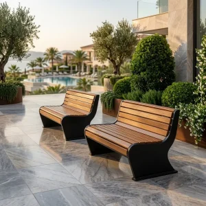 Custom Outdoor Park Bench Modern Wooden Garden Bench Metal Frame for Public Seating Area Commercial Use