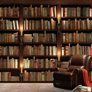 Custom Photo Wallpaper 3D European Style Retro TV Background Wallpaper Mural Wall Bookcase Books Bookshelf Mural Peel and Sick