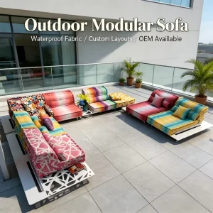 Custom Printed Waterproof Outdoor Modular Mahjong Sofa OEM Villa Patio L Shape Lounge Couch Metal Frame Garden Sectional Sofa